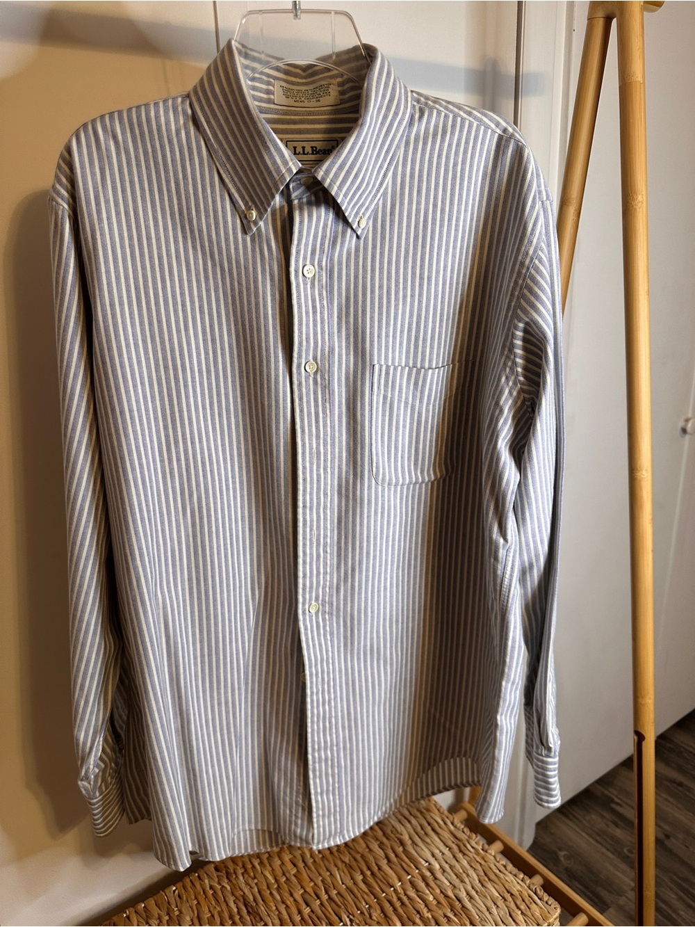 L.L. Bean Men's Light Blue and White Striped Button-Down Shirt